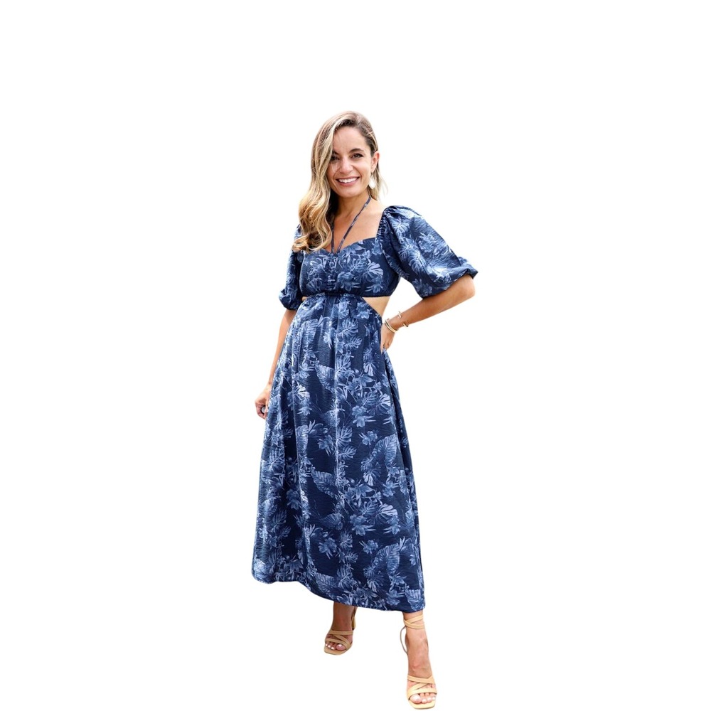 Banana Republic Blue Tropical Floral Cutout Midi Dress Puff Sleeve 868592-01 M